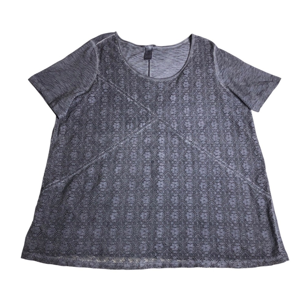 Catherines Top Womens 18/20W Gray Blue Floral Lace Crochet Stretch Short Sleeve